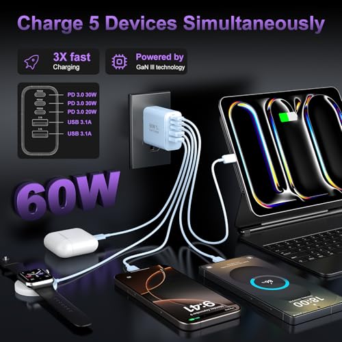 Image of USB C Fast Wall Charger Block, 2Pack 60W USBC Charging Cubes, 5-Port PD+QC Power Adapter Multiport Brick Type C Box Plug for Phone 17 /16 /15 /14 /13 /12 /11 /Pro Max /Plus, Pad Mini /Pro /S25 /S24-Blue