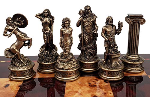 Greek Mythology Olympus Gods Zeus Vs Poseidon Pewter And Bronze Color Chess Set With 17" High Gloss Cherry & Burlwood Color Storage Board #TOP3