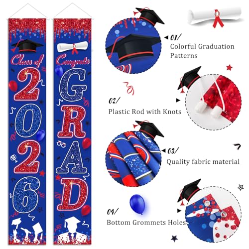 Image of Red and Blue Graduation Decorations Class of 2026 Banner Congrats Grad Porch Signs and You Did It Door Cover for High School College Graduation Party Supplies