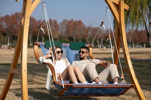 Image of SANIWERKE Porch Swing for 2, Double Hammock Swing with Footrest & S-Armrest, Adjustable Hanging, Durable Rope Net&Thick Wood, 650LBS, 50 inch Wide, Luxe Reclining Duo Swing for Patio Porch(Coastal Blue)