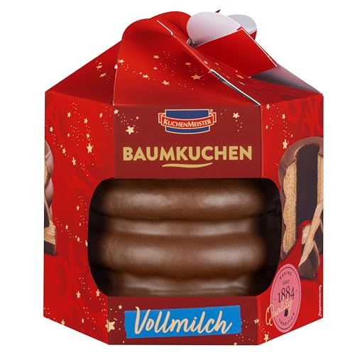 KuchenMeister Baumkuchen Vollmilch Schokolade 300 g - Zarte Teigschichten umhüllt von köstlicher Vollmilchschokolade in Geschenk Schachtel (1 x 300 g)
