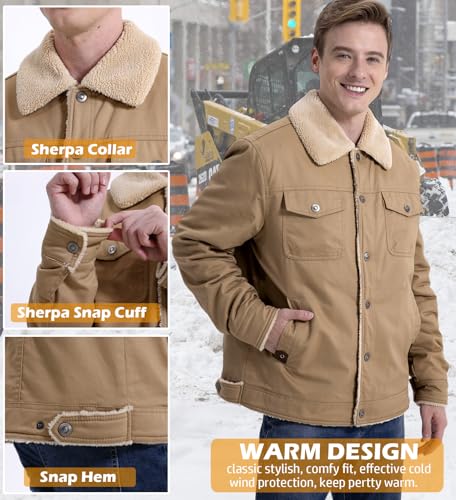 NAVEKULL Men's Warm Winter Jacket Thick Cotton Fleece Lined Work Coat Thermal Lapel Sherpa Cargo Trucker Jacket 6