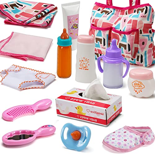 Lot de 13 accessoires pour poupée - set vaisselle et toilette/soins - comprend un sac à langer/une couche/un biberon magique/un matelas à langer - pour fille/enfant - cadeau d'anniversaire/de Noël