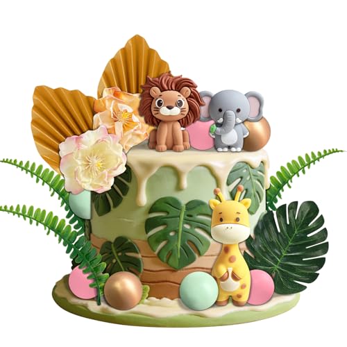 Safari Animal Cake Topper, Jungle Wild Birthday Decorations with Lion, Elephant, Giraffe Figures, Tropical Leaves and Flowers