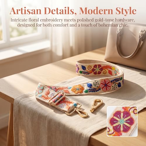 Image of Wide Purse straps Crochet Flower replacement crossbody for Handbag Adjustable Embroidery Knit Guitar Shoulder strap