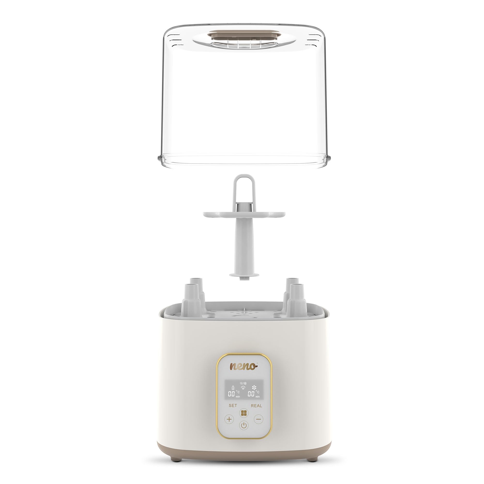NENO Puro Sterilisator für Babyflaschen – 4-in-1 Gerät mit Trocknung & Flaschenwärmer Baby – Dampfsterilisation 100°C – Touch-Bedienfeld – Platz für 4 Flaschen