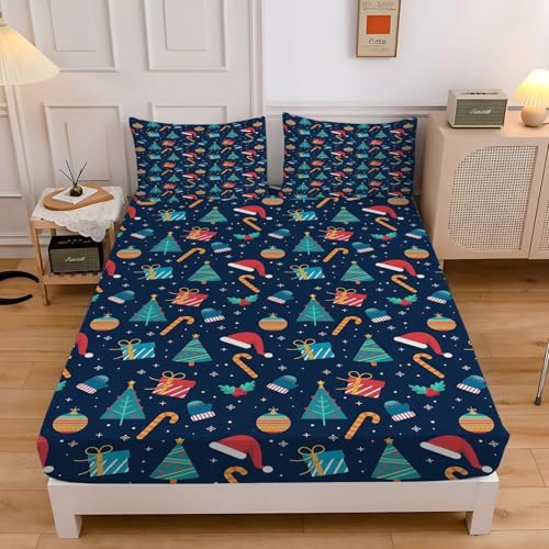 オーナメントボールボックスシーツ セミダブル贈り物ベッドカバー柔らかい通気性マイクロファイバー 3点セット防ダニ高反発 吸水 速乾 抗菌 防臭 防ダニと 2 枕カバー43x63 cm着脱簡単 丸洗い可能 マットレスカバー120x200x30 cm