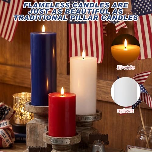 Image of Retisee 3 Pcs 4th of July 6 /8 /12 Inches Flameless LED Candles with Remote and 2 /4 /8h Timer Red White Blue Battery Operated Wax Flickering Candles for USA American Party Memorial Day Decorations