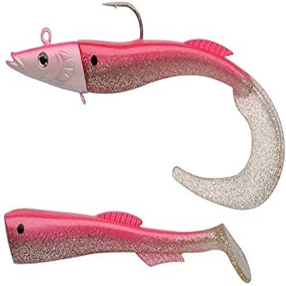 Berkley PowerBait Power Sandeel - Saltwater Soft Bait Fishing Lure for Bass, Pollack, Cod, Ling and Wrasse - Paddle Tail & Curl Tail Supplied, 130g | 21cm, Metallic Pink
