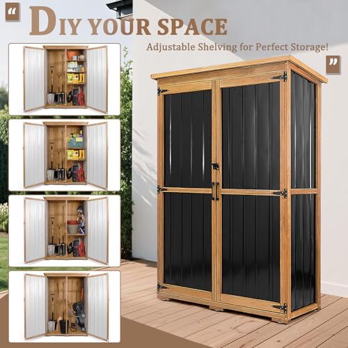 Image of 46 inch L Large Outdoor Storage Cabinet with Shelves, Wood & Metal Storage Shed Weather-Resistant, Outside Storage Cabinet for Garage Patio Backyard Garden with Waterproof Roof