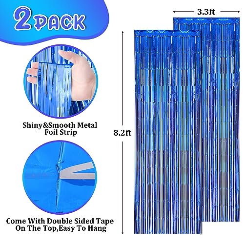 Image of Voircoloria 2 Pack Blue Foil Fringe Backdrop Curtains, Tinsel Streamers Birthday Party Decorations, Fringe Backdrop for Graduation, Baby Shower, Gender Reveal, Disco Party