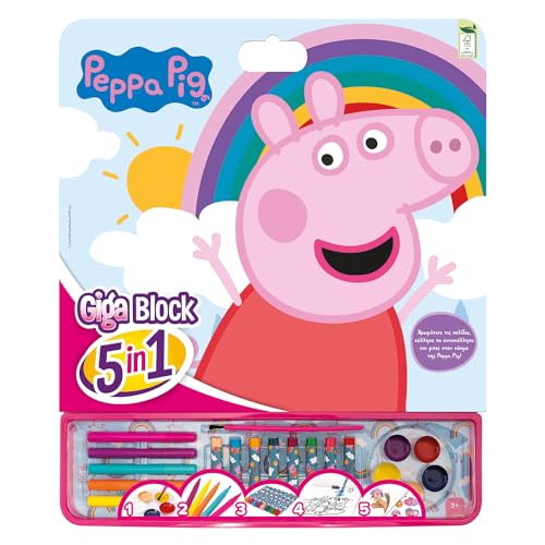 Cefa Toys  Actividades Giga Block 5 en 1 Peppa, 25 Hojas para Colorear FSC, 8 Pinturas de Cera,5 Rotuladores, 5 Acuarelas y Hoja de Pegatinas Removibles. Apto para niños a partir de 3 años.