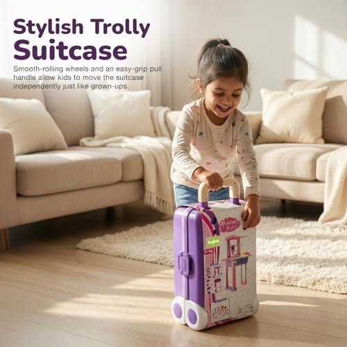 Image of Baybee Beauty Set Toys for Girls | Kids Makeup Set with Trolley Suitcase, Pretend Role Play Toys with Make up Table, Hair Accessories & Styling Tools, Portable Toy Set for Girls 3+ Years (Purple)