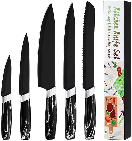 BEWOS Kitchen Knife Set, 5PCS Black Knife Set without Block, Stainless Steel Kitchen Knives,Sharp Knives Set for Kitchen, Knife Sets with Ergonomic Handle, Dishwasher Safe Knife Set, Cooking Knife Set