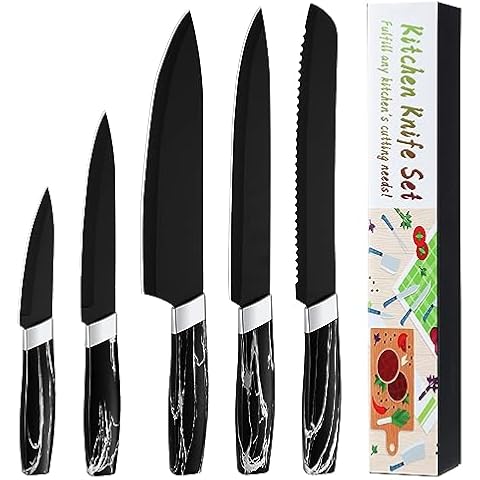 BEWOS Kitchen Knife Set, 5Pices Black Knife Set, Stainless Steel Kitchen Knives,Sharp and Ergonomic Knives for Kitchen,Dishwasher Safe Cover