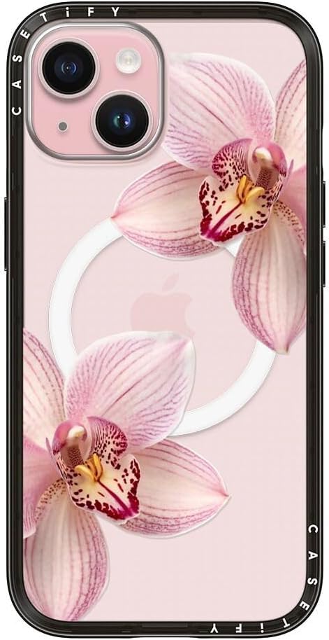 CASETiFY Compact Magsafe iPhone 15 Case [Slim and Sleek/Compatible with Magsafe / 4 ft. 2X Military Grade Drop Protection] - Orchidia - Clear Black