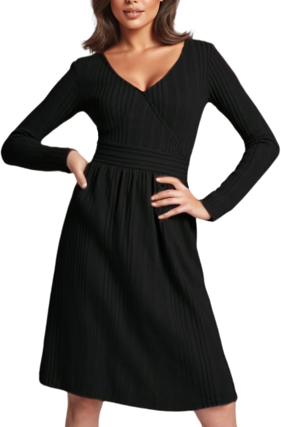 Womens Dresses Wrap V-Neck Empire Waist Long Sleeve A-Line Flowy Dress with Pockets