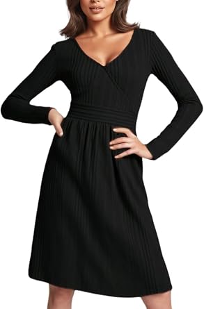 Womens Dresses Wrap V-Neck Empire Waist Long Sleeve A-Line Flowy Dress with Pockets