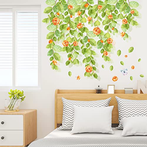 Green Leaves Wall Decals Hanging Vine Wall Sticker Orange Flower Wall Decal Plant Floral Wall Stickers Diy Peel And Stick Wall Stickers Waterproof Vinyl For Bedroom Nursery Decor #TOP2