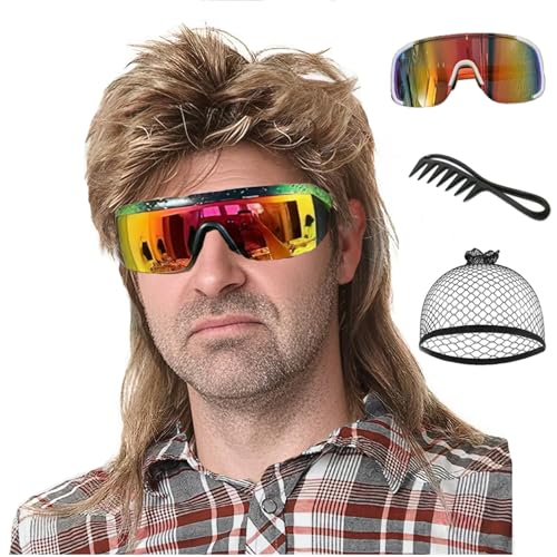 Auguyist Mullet Wig for Men 80s Retro Punk Rocker Synthetic Costume Wig Halloween Cosplay 70s 90s Theme Party Heavy Metal Fancy Dress Accessory Light Brown