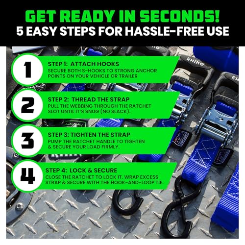 Image of Rhino USA Heavy Duty Ratchet Tie Downs (2-Pack) - 1.6in x 8ft, 5,000lb