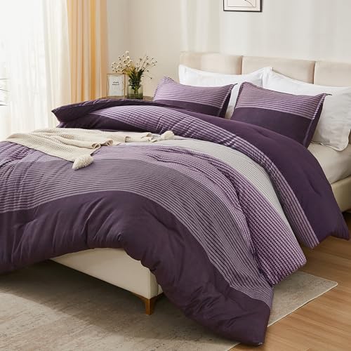 Litanika Purple Queen Comforter Set, 3 Pieces Striped Bedding Set, Lightweight Soft All Season Down Alternative Comforter Set (1 Gray&Purple Comforter, 2 Pillowcases)