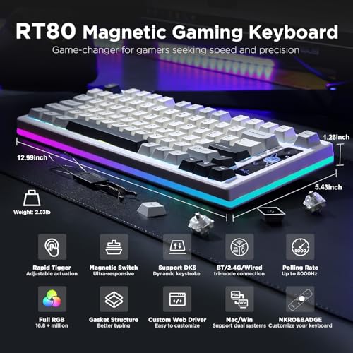 Image of YUNZII RT80 Rapid Trigger Hall Effect Magnetic Gaming Keyboard, 8K Polling Rate, 75% Layout,BT /2.4GHz /Wired,RGB Backlit,Hot Swap,Adjustable Actuation Wireless for Win /Mac(White, Gateron White)