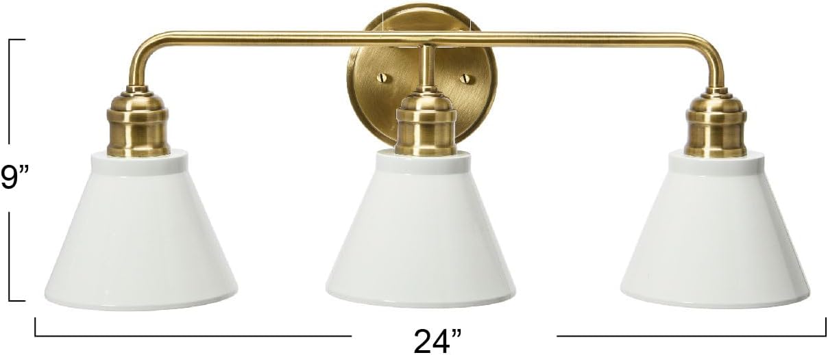 Josie - Metal 3-Light Vanity Light with Shades, White and Antique Brass