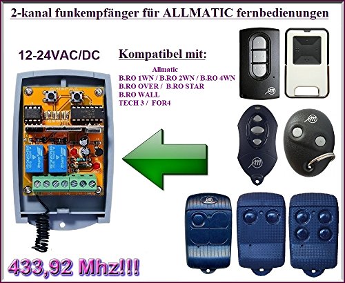 Allmatic Compatible Wireless Receiver 2-Channel Receiver for B.RO WN/B.RO OVER/B.RO Star/WALL / TECH3 / FOR4 Remote Controls 12-24 VAC/DC - Image 2