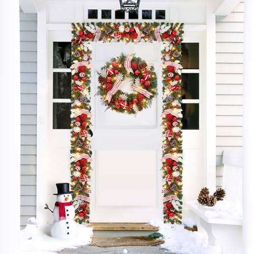 24 in Pre-Lit Christmas Wreath for Front Door, Artificial Christmas Wreath with 20 Led Lights and Timer, Xmas Wreath with Red Berries, Pine Cones, Ball Ornaments for Holiday Decor