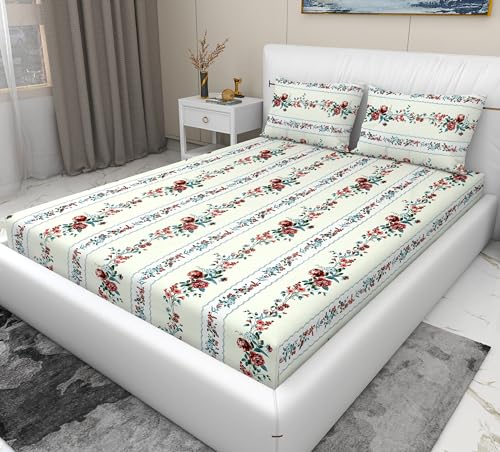 Image of RD TREND Presents Elastic Bedsheets for King Size Bed (78X72X8 Inch),Glace Cotton 210 TC with 2 Pillow Covers(18 X 28 Inch), Color-Green Red, Pattern-Floral Bail