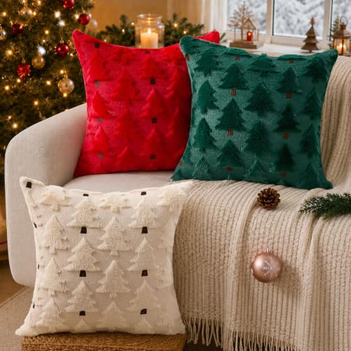 Image of Allorry Christmas Pillow Covers 16x16 inch Set of 2 Christmas Decorations Soft Plush Faux Fur Wool Beige Christmas Tree Throw Pillow Cases Winter Holiday Decor for Sofa Living Room PT-012R16