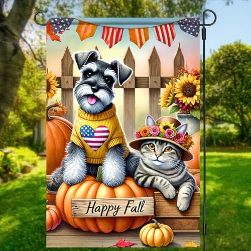 Image of BlissYard Happy Fall Schnauzer Dog and Cat Garden Flag 12x18 Inch Double Sided Fall Yard Banner with Puppy Pumpkin and Autumn Leaves for Thanksgiving Porch Patio Lawn Outdoor Decoration