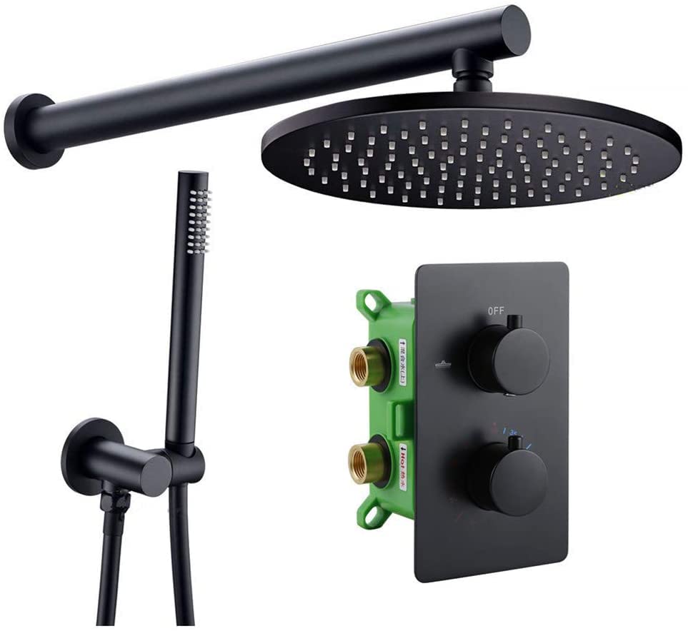 Système de douche thermostatique en laiton noir mat pour salle de bain moderne