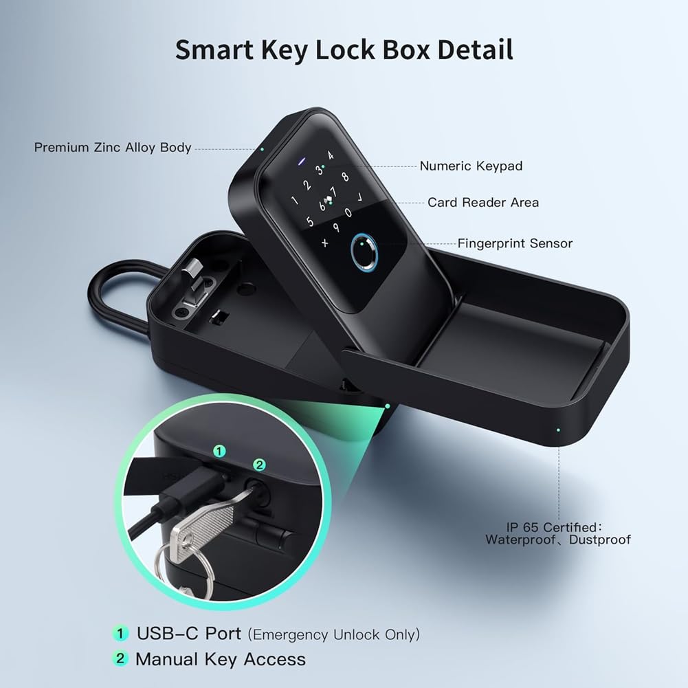 Key Lock Box, Bluetooth Lock Box con impronta digitale & passcode & Access Card & manuale chiave & APP Control, impronta digitale