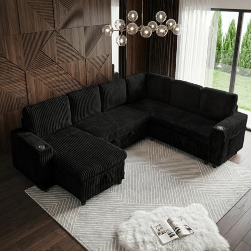 Image of Oversized Sectional Couch, Sectional Sleeper Sofa with Pull Out Bed, L Shaped Corduroy Couch for Living Room, Convertible Sofa Bed for Living Room, Bedroom and Apartment, Black