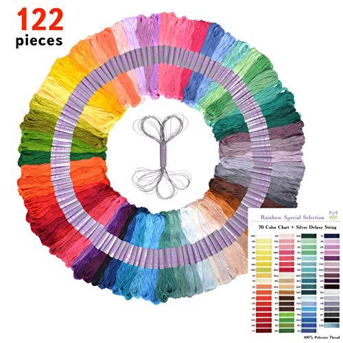Hilo de Bordar Premium  Paquete de 122 Hilos para Pulseras, Incluye Hilos de Lujo Plateados y Tarjeta de Colores DMC - Punto de Cruz, Manualidades de Hilos y el Mejor Kit de Regalo de Para Niñas