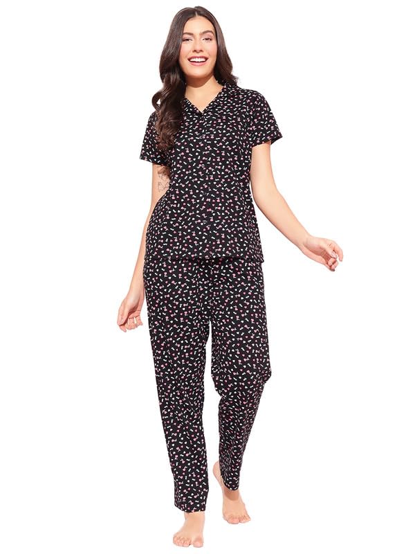 clovia 100% Cotton Printed Button-Down Shirt & Pyjama Set-picture-13