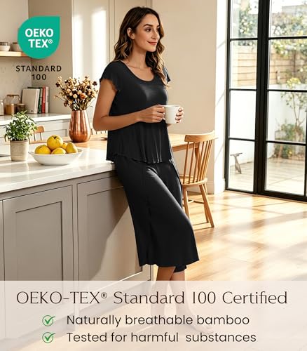 Image of NACHILA Women's Pajamas Set-Viscose Made from Bamboo,Short Sleeve Sleepwear Soft Pjs with Capri Pants Loose Loungewear