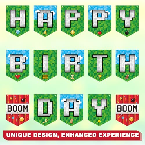 Pixel Happy Birthday Banner, Pre-Strung Video Game Themed Birthday Hanging Banner Garland Pixel Party Decoration for Boys Girls - Thumbnail 5