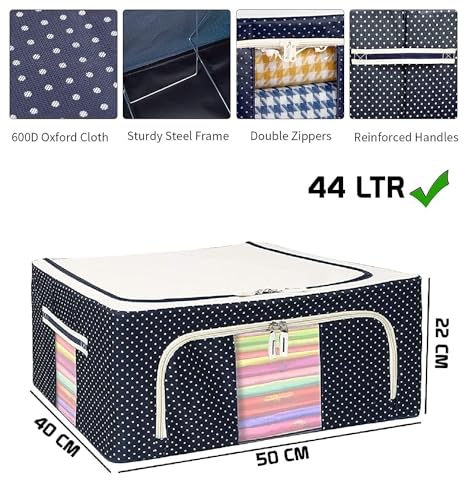 Image of Cloth Organizer for Storage TEKCOOL Clothes Storage Box Wardrobe Organizer for Clothes Foldable Steel Frame Clothes Organizer Storage Box for Wardrobe, Saree, Shirts, and Blankets(44 ltr-2pc).