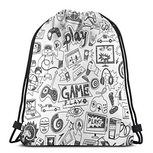 Beutel Rucksack Kordelzug Turnbeutel,Monochrome Sketch Style Gaming Design Racing Monitor Gerät Gadget Teen 90 's,Unisex Sportbeutel