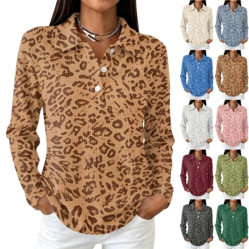 Women's Waffle Knit Tops Leopard Oversized Collared Long Sleeve Pullover - image 1