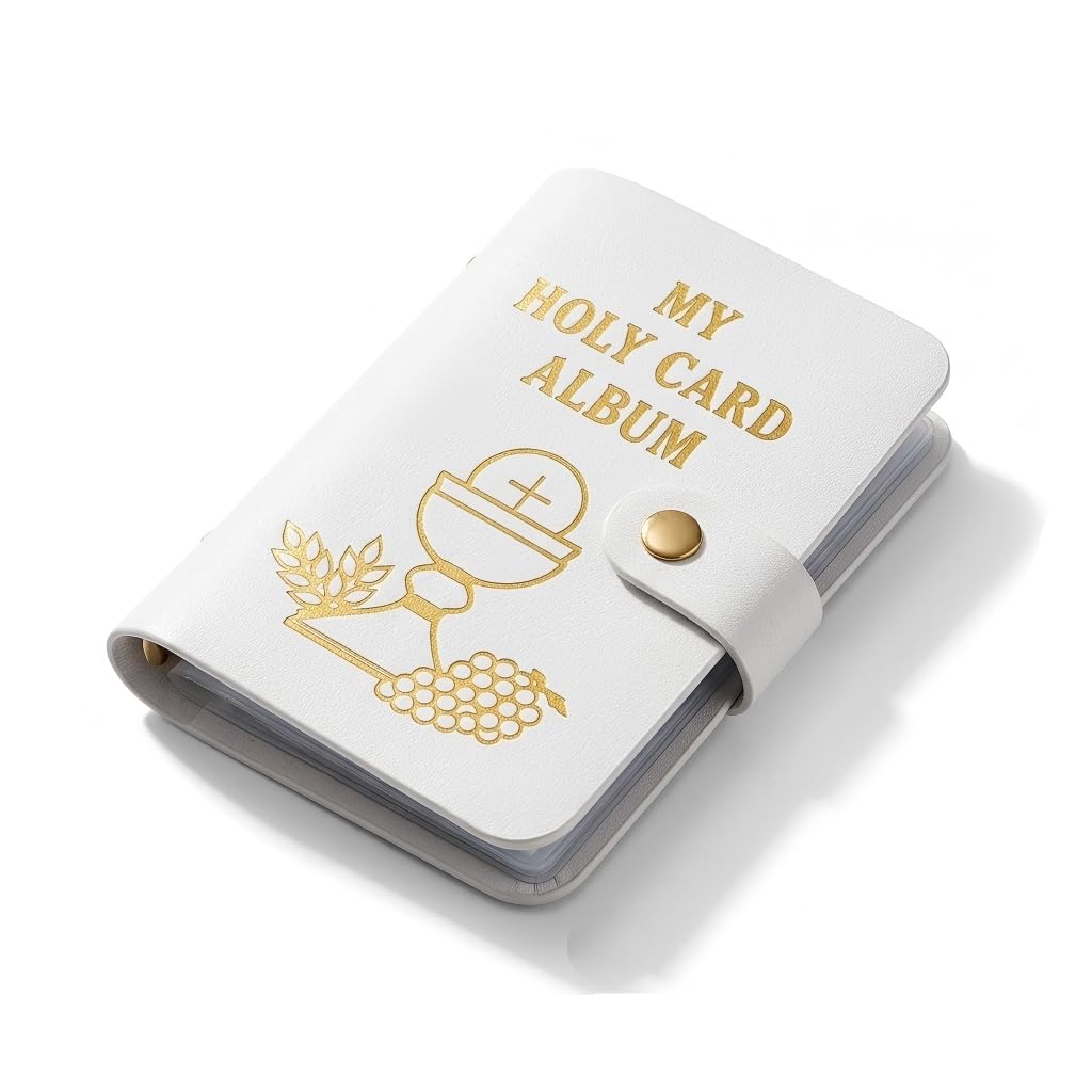 Holy Card Holder, PU Leather Prayer Card Wallet with Snap Closure, PVC Sleeves for Catholic Devotional Cards, Pocket Organiser, White (White)