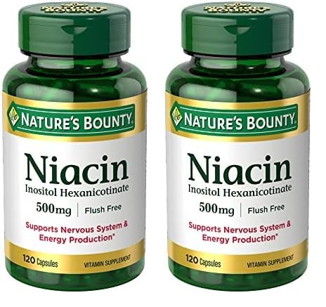 nature's bounty niacin 500mg flush free, cellular energy support, supports nervous system health, 120 capsules (pack of 2)