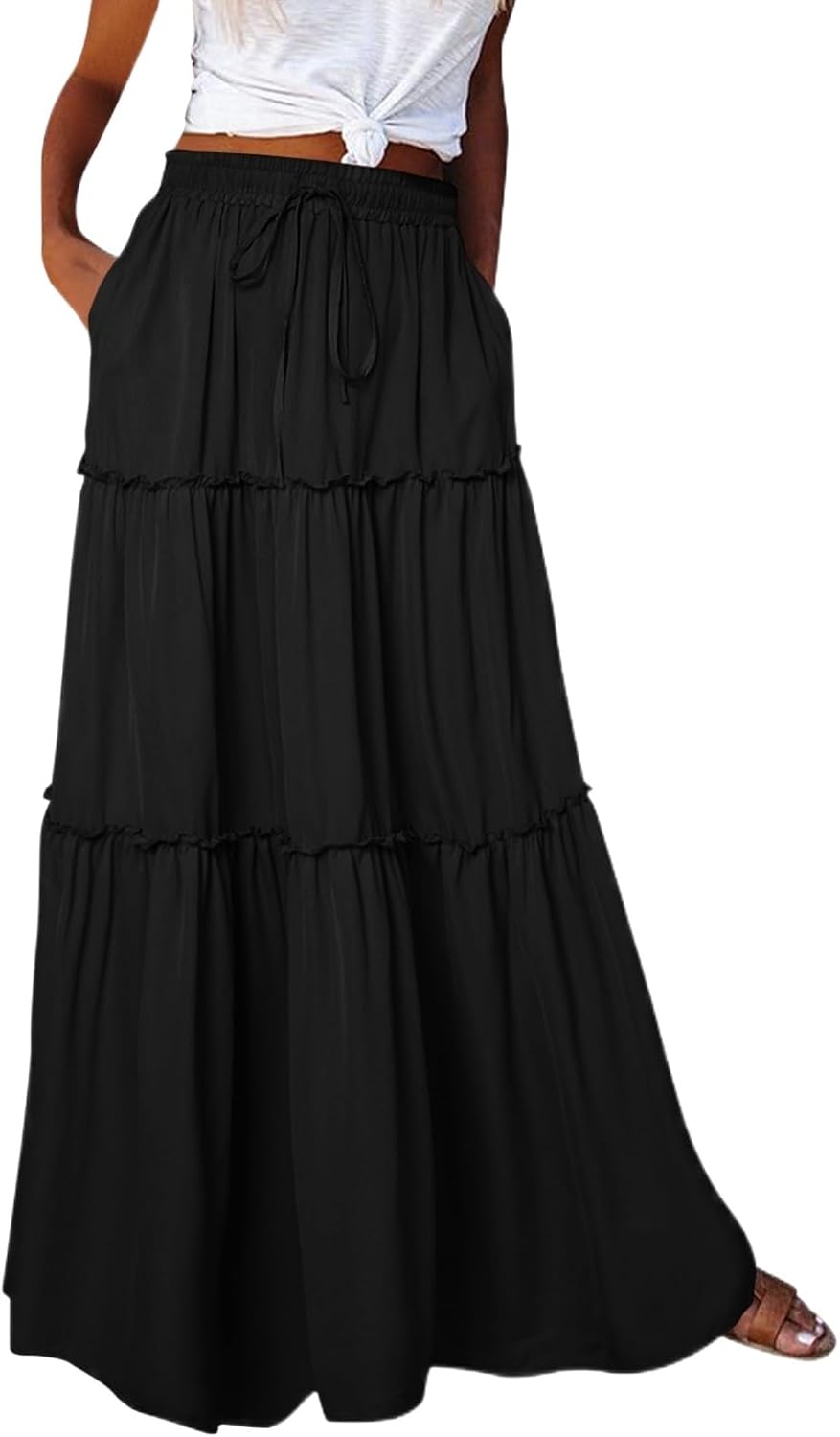 Womens Loose Long High Elastic Waist with Pockets and Belt Maxi Skirt Pleated Skirt Beach Tennis Skirt Short Skirt