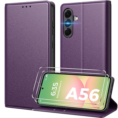 Peakally Funda para Samsung Galaxy A56 con Tapa y 2 pcs Protector Pantalla, [Ranura para Tarjeta] Funda Libro Carcasa para Samsung A56 5G PU Case [Función Soporte], Morado Oscuro