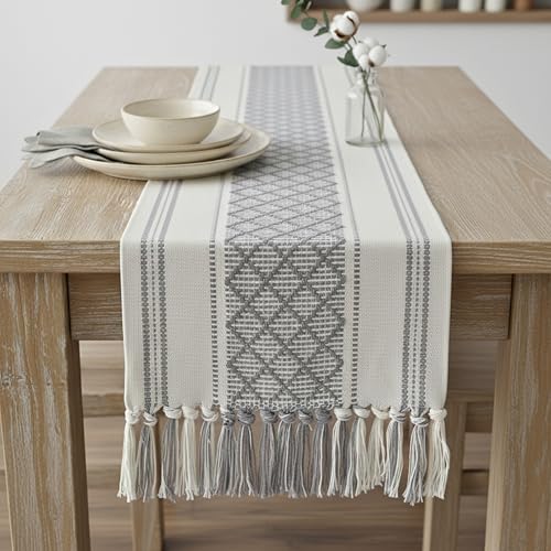 Grey Table Runner with Tassel 14x72 Inches Gray & Cream Checks Geometric Design , Woven Washable Heavy Dresser Scarf and Topper for Bedroom, Farmhouse Entry Console Table Cover Vintage Checkered Style