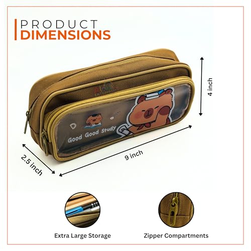 Image of Alokik Enterprise Cute Cartoon Pencil Pouch with Double Zipper & Transparent Window, Large Capacity Fabric Pen Case for School, Office, Students, Kids & Teens (Good Study Brown Pouch)
