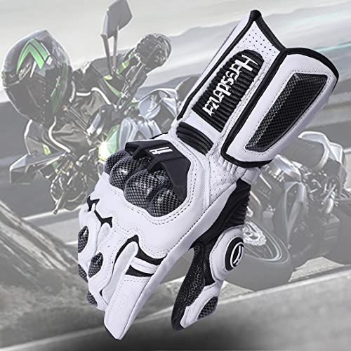 Harssidanzar Men and Women Leather Motorbike Motorcycle Gloves,Powersports Carbon Fiber Knuckle Protection Motorcycles Gloves KM045,White/Black, Size XL